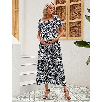 Women's Maternity Square Neck Short Sleeve Dress Summer Smocked Waist Ruffle Boho Maxi Dress