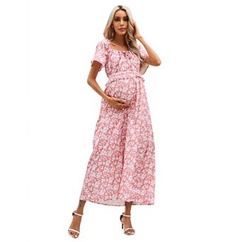 Women's Maternity Square Neck Short Sleeve Dress Summer Smocked Waist Ruffle Boho Maxi Dress