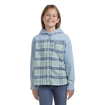 Girls 7-16 Levi's® Denim & Plaid Button-up Hooded Shirt