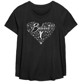 Disney's Tinker Bell Missy Plus Size Believe Snowflakes Heart Scoopneck Flowy Tee