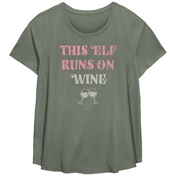 Missy Plus Size This Elf Runs On Wine Scoop Hem Flow Tee