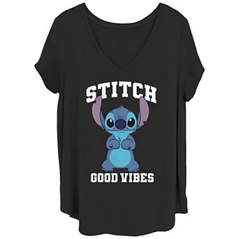Disney's Lilo & Stitch Juniors' Plus Size Good Vibes Stitch V-Neck Tee