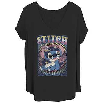 Disney's Lilo & Stitch Juniors' Plus Size Groovy Background Stitch Portrait V-Neck Tee