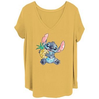Disney's Lilo & Stitch Juniors' Plus Size Watercolor Stitch With Pineapple V-Neck Tee
