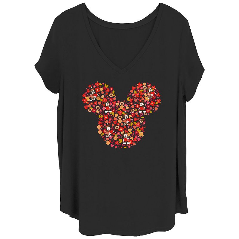 Disney's Mickey Mouse Juniors' Plus Size Flowers & Hearts Head V-Neck Tee, Girl's, Size: 1XL, Black