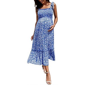 Smocked Maternity Boho Dress Casual Spaghetti Strap Ruffle Sleeveless Swing Summer Maxi Dress