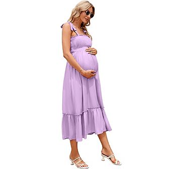 Smocked Maternity Boho Dress Casual Spaghetti Strap Ruffle Sleeveless Swing Summer Maxi Dress