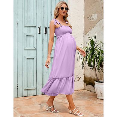 Smocked Maternity Boho Dress Casual Spaghetti Strap Ruffle Sleeveless Swing Summer Maxi Dress