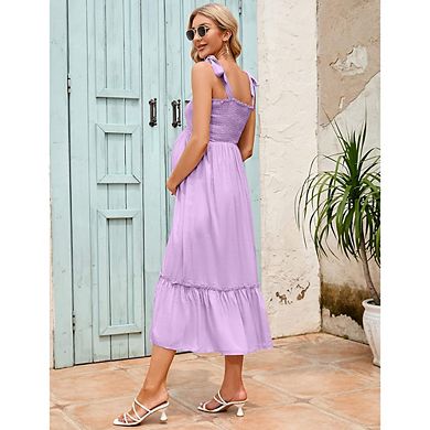 Smocked Maternity Boho Dress Casual Spaghetti Strap Ruffle Sleeveless Swing Summer Maxi Dress