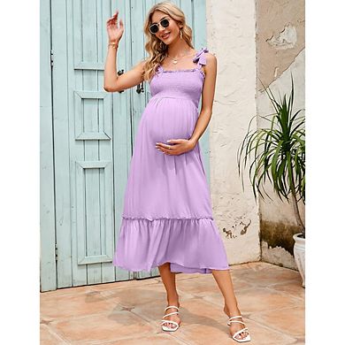 Smocked Maternity Boho Dress Casual Spaghetti Strap Ruffle Sleeveless Swing Summer Maxi Dress