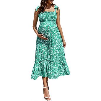 Smocked Maternity Boho Dress Casual Spaghetti Strap Ruffle Sleeveless Swing Summer Maxi Dress