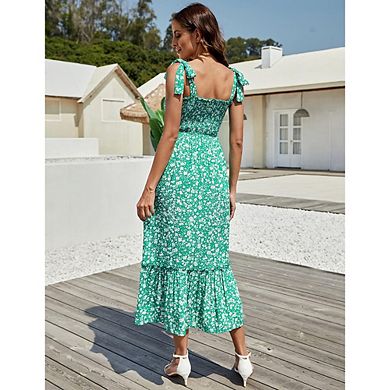 Smocked Maternity Boho Dress Casual Spaghetti Strap Ruffle Sleeveless Swing Summer Maxi Dress