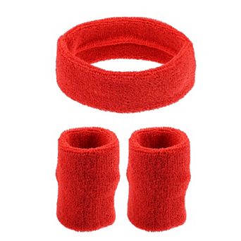 3 pc Sport Headband Wristband Stretchy Cotton Blend Sweat Absorbing Big Red