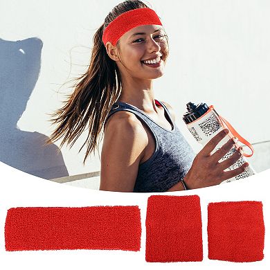 3 Pcs Sport Headband Wristband Stretchy Cotton Blend Sweat Absorbing Big Red