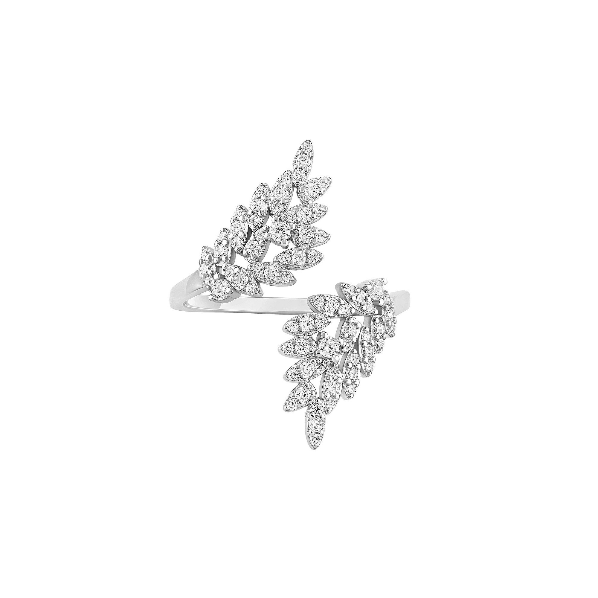 PRIMROSE Sterling Silver Cubic Zirconia Double Leaf Bypass Ring, Womens, S