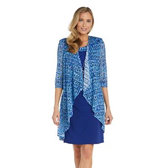 Women's R&M Richards Printed Crochet Jacket & Jersey Dress Set With Necklace