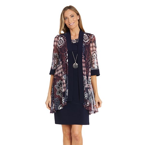 Women's R&M Richards Puff Print Jacket & Banded Dress Set With Necklace