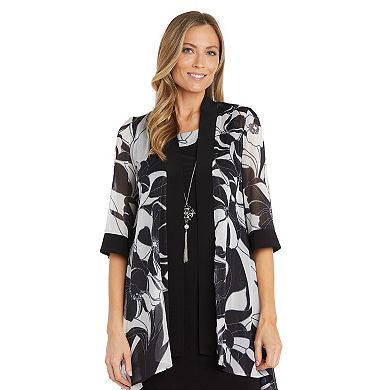 Women's R&M Richards Print Chiffon Jacket And Banded Dress With Necklace