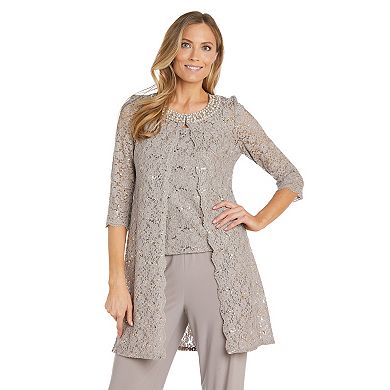 Women's R&M Richards 3-Piece Lace Tank Top, Pant, and Duster Jacket Set