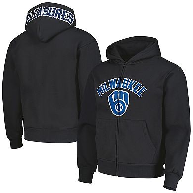 Men's PLEASURES Black Milwaukee Brewers Opening Day Full-Zip Hoodie