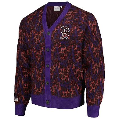 Men's PLEASURES Purple Boston Red Sox Cheetah Cardigan Button-Up Sweater