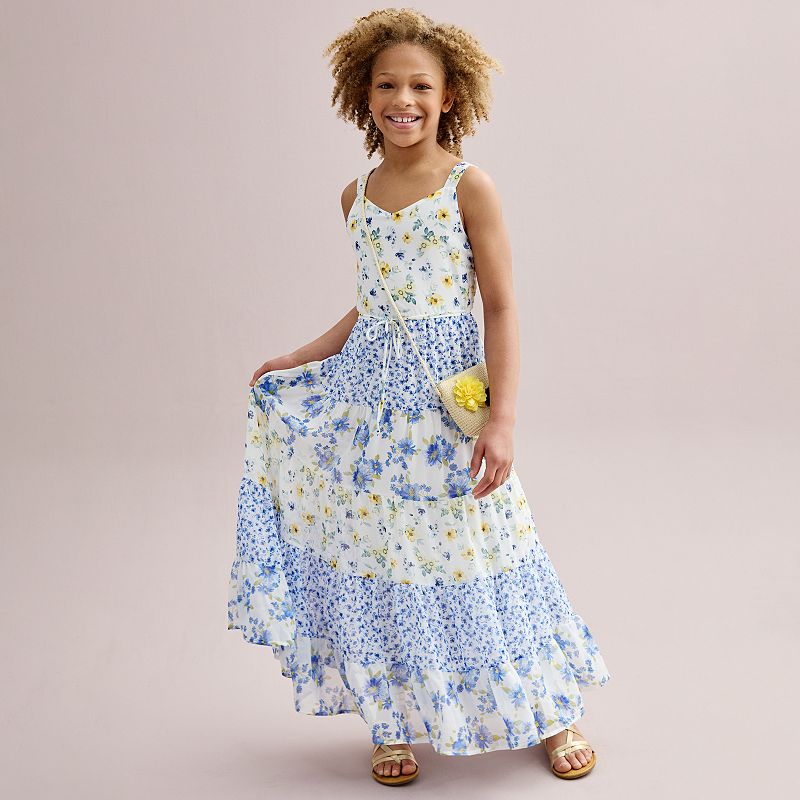 yellow cotton dress Poplin A-Line Deep Neck Maxi Tier 36