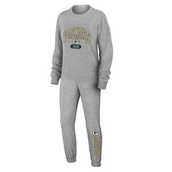 Women's WEAR by Erin Andrews Heather Gray Green Bay Packers Plus Size Knitted Tri-Blend Long Sleeve T-Shirt & Pants Lounge Set