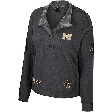 Women's Colosseum Heather Charcoal Michigan Wolverines OHT Military Appreciation Payback Henley Thermal Sweatshirt