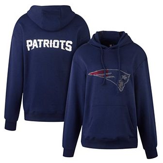 Women's Cuce Navy New England Patriots Rhinestone Logo Wordmark Pullover Hoodie
