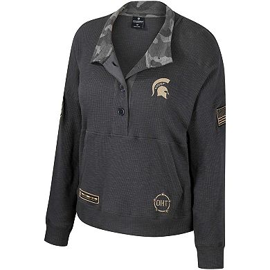 Women's Colosseum  Heather Charcoal Michigan State Spartans OHT Military Appreciation Payback Henley Thermal Sweatshirt