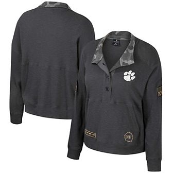 Women's Colosseum Heather Charcoal Clemson Tigers OHT Military Appreciation Payback Henley Thermal Sweatshirt