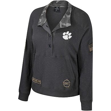 Women's Colosseum Heather Charcoal Clemson Tigers OHT Military Appreciation Payback Henley Thermal Sweatshirt