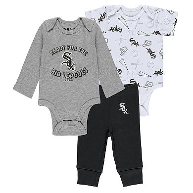 Newborn & Infant Gray/White/Black Chicago White Sox Three-Piece Turn Me Around Bodysuits & Pants Set