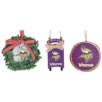 The Memory Company Minnesota Vikings Three-Pack Wreath, Sled & Circle Ornament Set