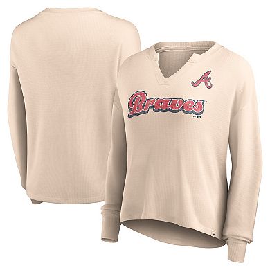 Women's Fanatics Branded Cream Atlanta Braves Go For It Waffle Knit Long Sleeve Notch Neck T-Shirt