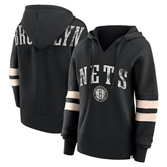 Women's Fanatics Branded Black Brooklyn Nets Bold Move Dolman V-Neck Pullover Hoodie