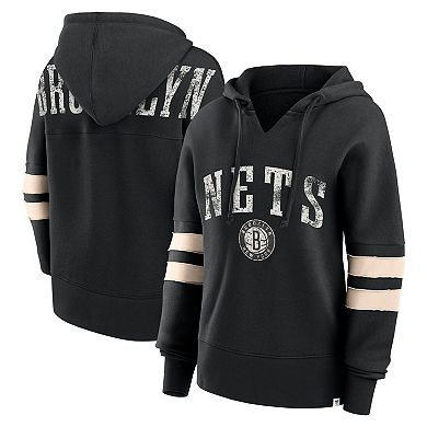 Women's Fanatics Branded Black Brooklyn Nets Bold Move Dolman V-Neck Pullover Hoodie