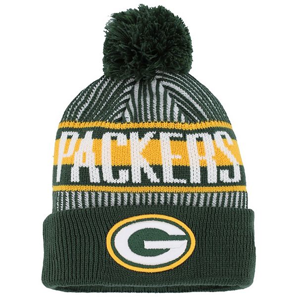 Youth New Era Green Green Bay Packers Striped Cuffed Knit Hat with Pom