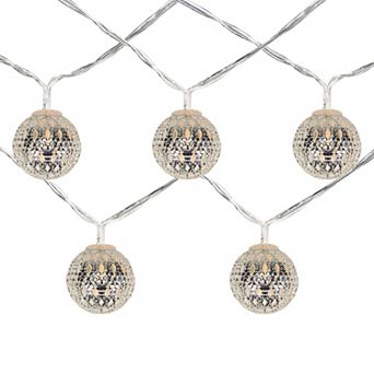 10 B/O LED Warm White Silver Metal Ball Christmas Lights - 6.25' Clear Wire