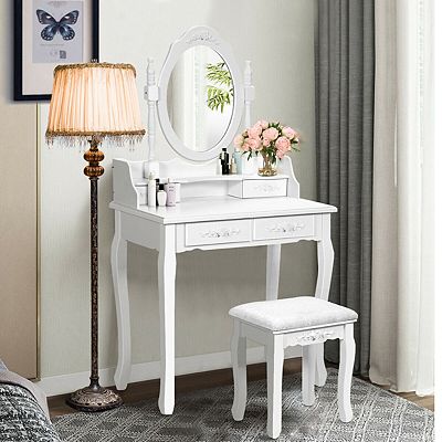 Wood Vanity Table Set with Oval Mirror and 4 Drawers for Kids Girls Women White