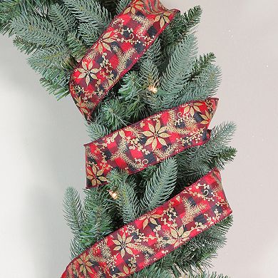 Red And Black Plaid Christmas Wired Craft Ribbon With Gold Poinsettias 2.5" X 16 Yards