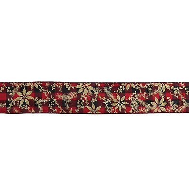 Red And Black Plaid Christmas Wired Craft Ribbon With Gold Poinsettias 2.5" X 16 Yards