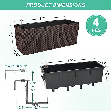 Aoodor 4Pcs 19.5" Rectangular Planter Box, Wall Mount/Railing Planter with Adjustable Bracke-Grey