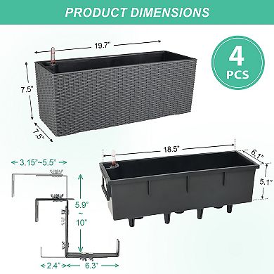 Aoodor 4Pcs 19.5" Rectangular Planter Box, Wall Mount/Railing Planter with Adjustable Bracke-Grey