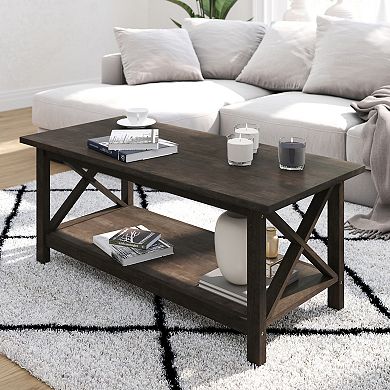 Merrick Lane Matty Rustic Coffee Table With Lower Shelf, Farmhouse Style Solid Wood Accent Table