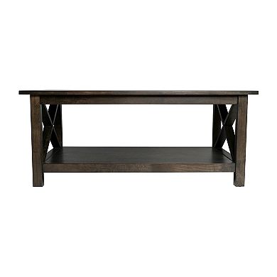 Merrick Lane Matty Rustic Coffee Table With Lower Shelf, Farmhouse Style Solid Wood Accent Table