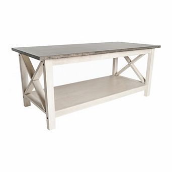 Merrick Lane Matty Rustic Coffee Table With Lower Shelf, Farmhouse Style Solid Wood Accent Table