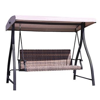 Aoodor 3-Seat Outdoor Rattan Patio Swing with Adjustable Canopy, Built-in Quick-drying Foam Seat