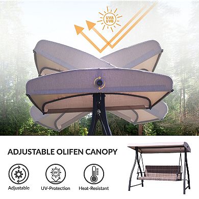 Aoodor 3-Seat Outdoor Rattan Patio Swing with Adjustable Canopy, Built-in Quick-drying Foam Seat