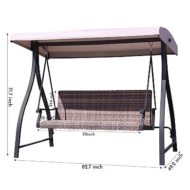 Aoodor 3-Seat Outdoor Rattan Patio Swing with Adjustable Canopy, Built-in Quick-drying Foam Seat